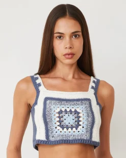 MONROW Crochet Cropped Tank Top WASHEDBLUE New